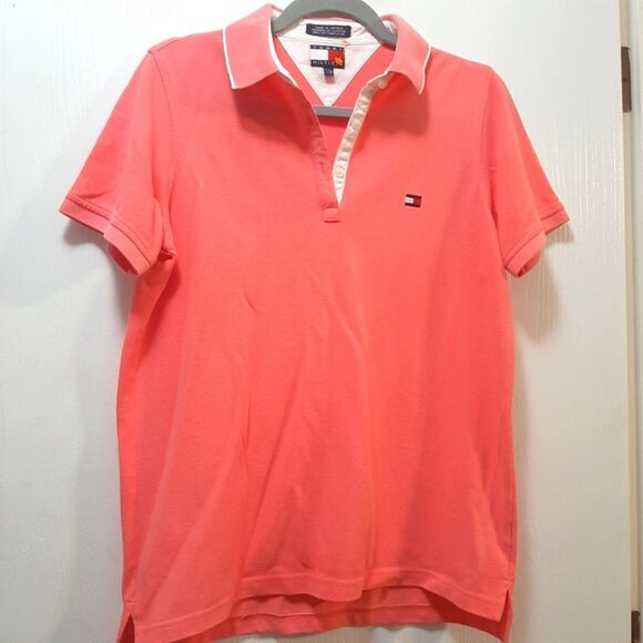 Tommy Hilfiger Peach Melon Collared V Neck Tee Shirt 100% Cotton Large - Picture 1 of 9